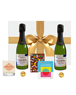 "Bubbles & Treats" Mini Personalised 1er Cru Champagne Hamper - Premier Cru Champagne, Chocolates & Beautifully Scented Candle - Presented In A White Gift Box 