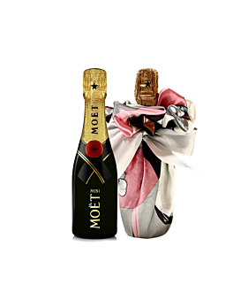 Mini Moet Champagne 20cl - Wrapped With Beautiful Silky Furoshiki Neck Scarf - A Unique Gift With An Exclusive Touch