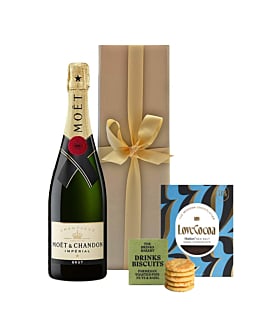 Moet Brut Imperial Champagne - With Savoury Drinks Biscuits and Maldon Sea Salt Chocolate - In Gold Gift Box