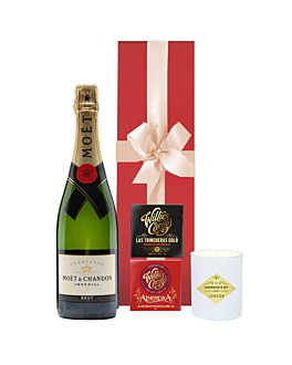 Moet Brut Imperial Champagne and Scented Candle Gift With Two Artisan Chocolate Bars. Presented In Red Gift Box