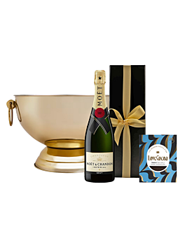 Moet Brut Imperial Champagne in White Box - With Maldon Sea Salt Dark Chocolate Bar - With "Kensington" Champagne Cooler 