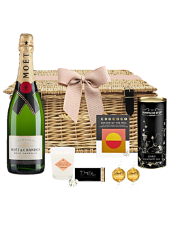 "Moet Moments" Luxury Champagne Hamper - With Crushed Coffee Chocolate, Scented Candle & Treats - Presented in Wicker Hamper With Large Hand tied Bow