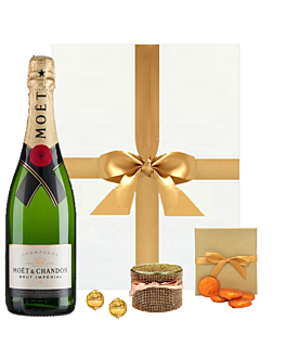 Moet Champagne & Treat Box - With Gold Scented Candle, Orange Creams & Swiss Truffles - In White Gift Box