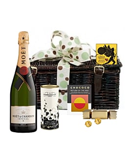 Moet & Chocolate Hamper - Presented in Wicker Hamper With Large Hand tied Bow