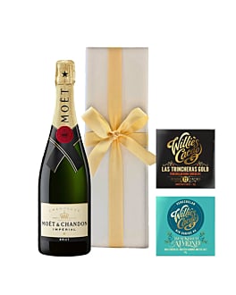 Moet Brut Imperial Champagne in White Box - With 2 x Venezuelan Chocolate Bars - Sea Kissed Almond + Dark Chocolate