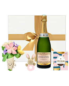Baby Congratulations Gift with personalised champagne, baby bouquet, baby rattle and billionaire chocolate bar