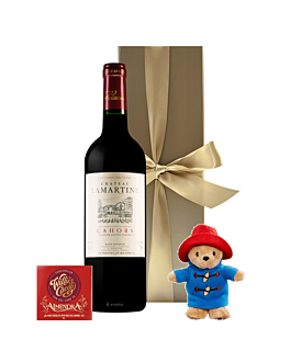 New Baby gift of personalised red wine & Paddington Bear. Larmartine Cahors Malbed with 71% Dark artisan chocolate