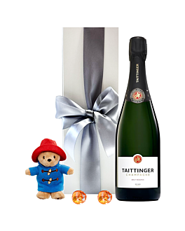 Personalised Taittinger Champagne and Paddington Bear new baby gift with two Swiss truffes