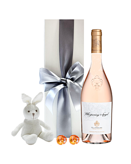 Whispering Angel New Baby Gift. Rose Wine, Bunny and two Swiss Truffles in a white box