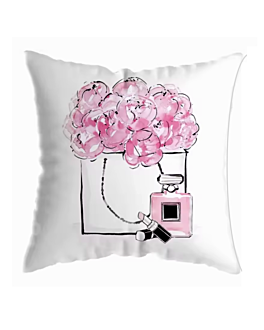 Paris After Dark - a perfect bedroom cushion it is painted with a flower bag with pink flowers, a lipstick and perfume bottle