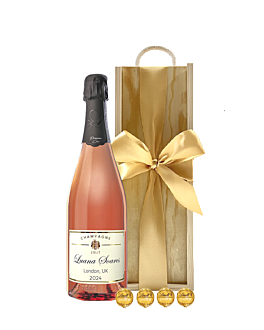 Personalised Premier Cru Rosé Champagne and Swiss Truffles in a Wooden gift box with a gold bow. Top gift ready to send.