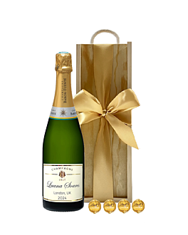 Personalised Classic Cuvée Champagne & Luxury Swiss Truffles - Presented in Wooden Gift Box With Hand Tied Bow