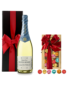 Personalised Alcohol Free Cava and Deluxe Swiss Truffle Gift Box| With 18 Mixed Truffles in Luxury Wooden Case
