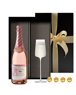 Personalised Gift of alcohol Free Sparkling with a Champagne Flute and Swiss Truffles. All displayed in a smart gift box - ready to share
