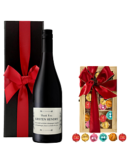 Thank You gift of Personalised Cabernet Sauvignon Red Wine and Deluxe Swiss Truffle Gift. A deluxe Wine and Chocolate Gift
