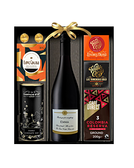 Personalised Red Wine & Luxury Cacao Chocolate Hamper. Ultimate Fine Wine, Coffee & Chocolate Gift. Boxed and ready to share 