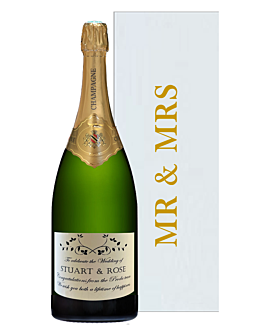  Mr and Mrs Champagne Magnum Wedding Gift. Personalised Champagne with bride and groom names and message in Mr and Mrs gift box