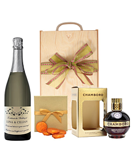  Personalised Signature Prosecco with Chambord - and Luxury Chocolates in Wooden Gift Box