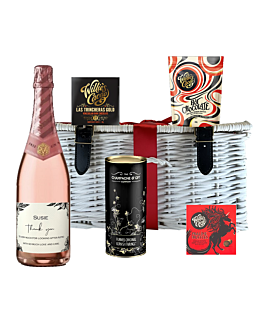 Personalised Non Alcoholic Cava With Artisan Chocolates & Gourmet Treats. Beautifully presented gifts in a Wicker Hamper 