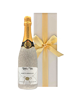 Grande Reserve Personalised Champagne in a Silver Glitter Bottle. Presented in a white gift box with gold ribbon