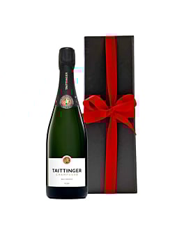 Taittinger Brut Reserve Champagne bottle with Black gift box and red ribbon