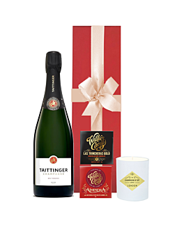 Taittinger Brut Reserve Champagne and scented candle gift. Presented with 2 Artisan Chocolate Bars In Red Presentation Gift Box