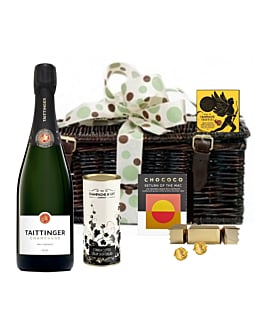 Personalised Taittinger & Chocolate Hamper - Presented in Wicker Hamper With Large Hand tied Bow