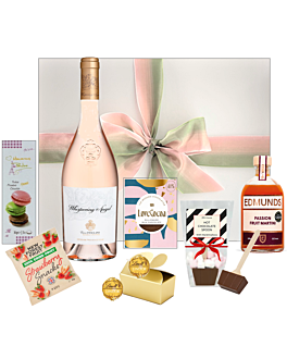 The Rose Affair Gift Box. Whispering Angel and Passion Fruit Martini with a festive assortment of treats and goodies. Presented in a white gift box