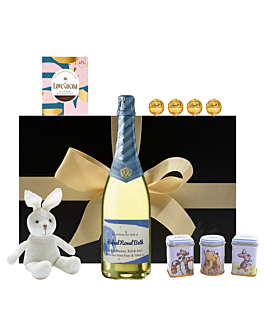 Tiny Treats, Tea & Tasters Baby Gift Hamper with Non-Alcoholic Fizz, Bunny, Winnie The Pooh Tease & Chocolate Treats 
