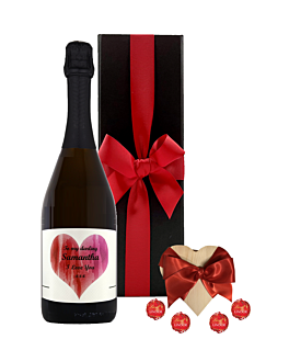 "With Love" Personalised Prosecco Classic Cuvee in Black Box - With 4 Luxury Swiss Truffles in Wooden Heart Trinket Box