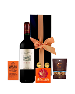 "Warm Wishes" Chateau Lamartine Red Wine Taster Gift Box - 70% Almendra Dark Chocolate, Drinks biscuits, Nuts & Swiss Truffles - Beautifully Presented in Black Box 