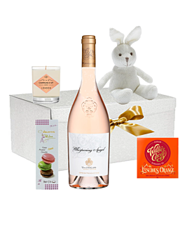 Whispering Angel Welcome Baby Gift. Rose Wine, Bunny & Scented Candle, Chocolate and Macaron Selection 