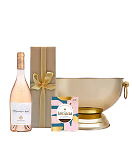 Whispering Angel Rose Wine in Gold Box - With Billionaire Chocolate Bar - in "Kensington" Champagne Cooler