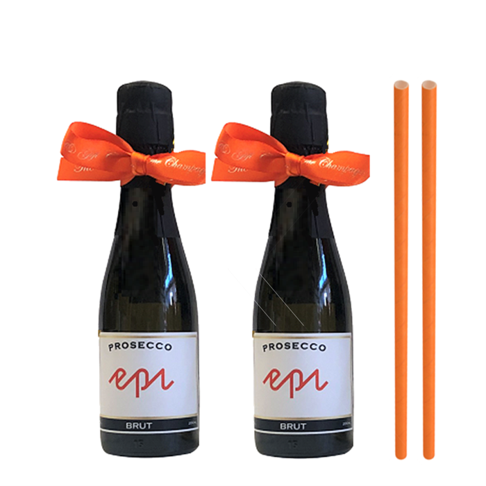 4 x Miniature Bottles of Personalised Prosecco - Complete with Hand Tied Bow & Straw - Colour Coordinated to Match Your Label Choice