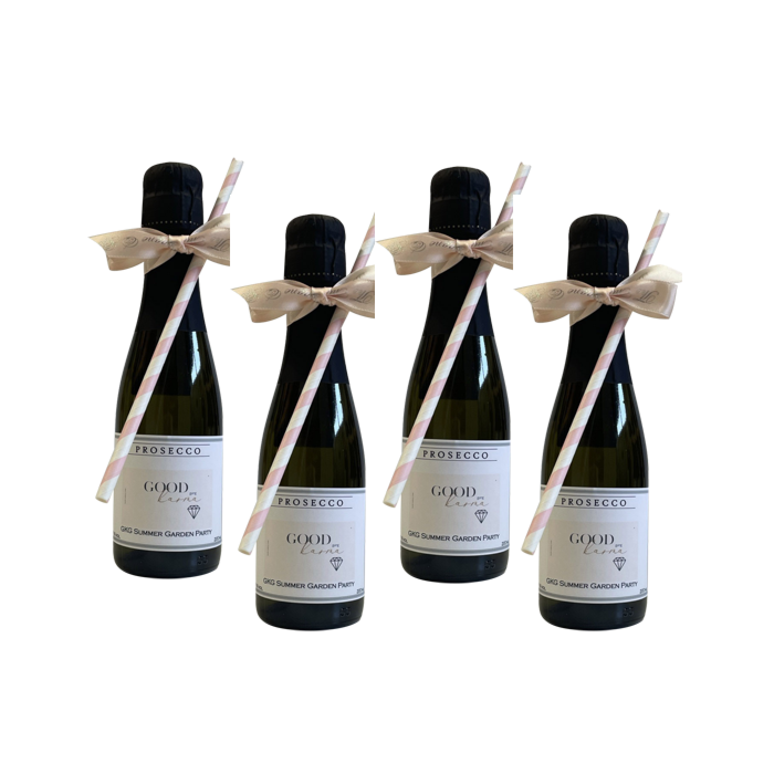 4 x Miniature Bottles of Personalised Prosecco - Complete with Hand Tied Bow & Straw - Colour Coordinated to Match Your Label Choice