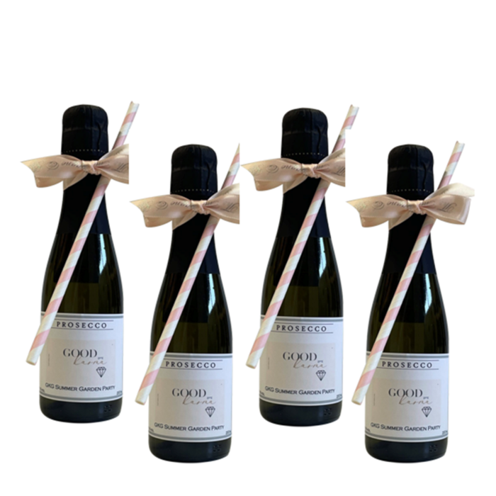 4 x Miniature Bottles of Personalised Prosecco - Complete with Hand Tied Bow & Straw - Colour Coordinated to Match Your Label Choice