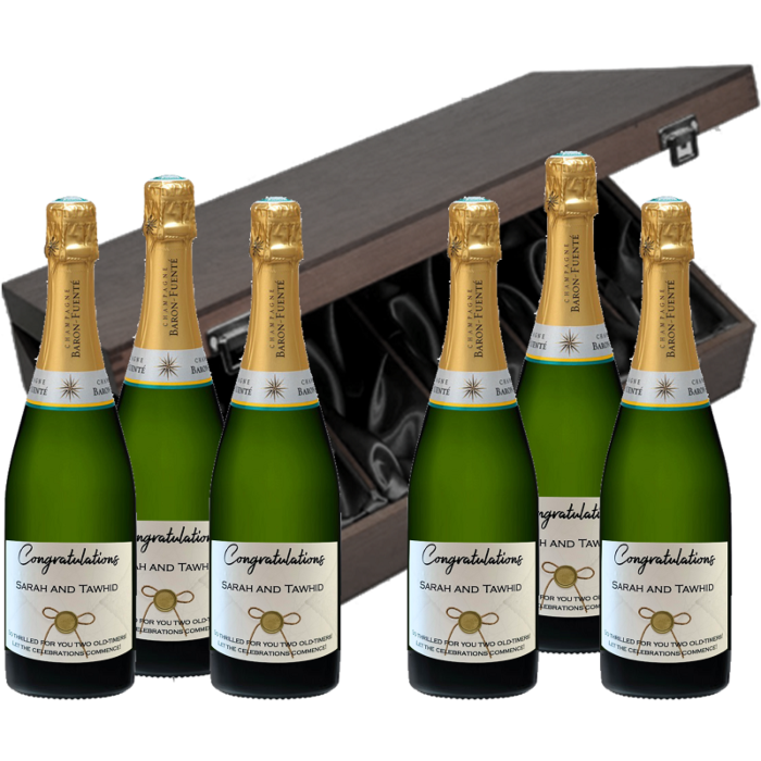 Deluxe 6 Bottle Personalised Champagne Gift Set - Case of Six In Luxury Silk Lined Dark Elmwood Box