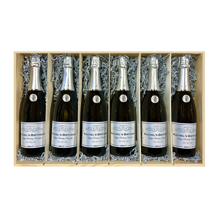 Six Bottle Prestige Personalised Signature Prosecco DOC Gift Case- Presented in Classic Wooden Gift Box 