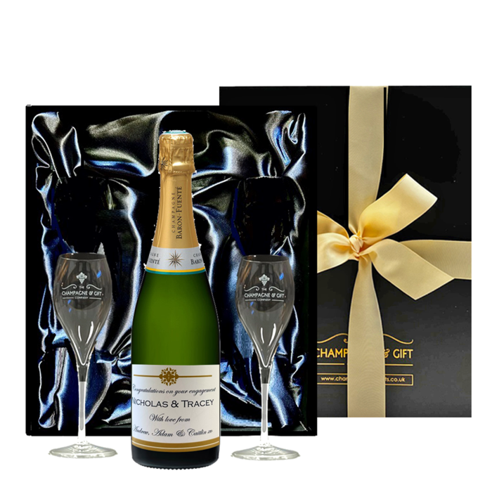 Deluxe Edition Personalised Champagne With Signature Flutes - Presented In Luxury Silky Lined Black Presentation Box