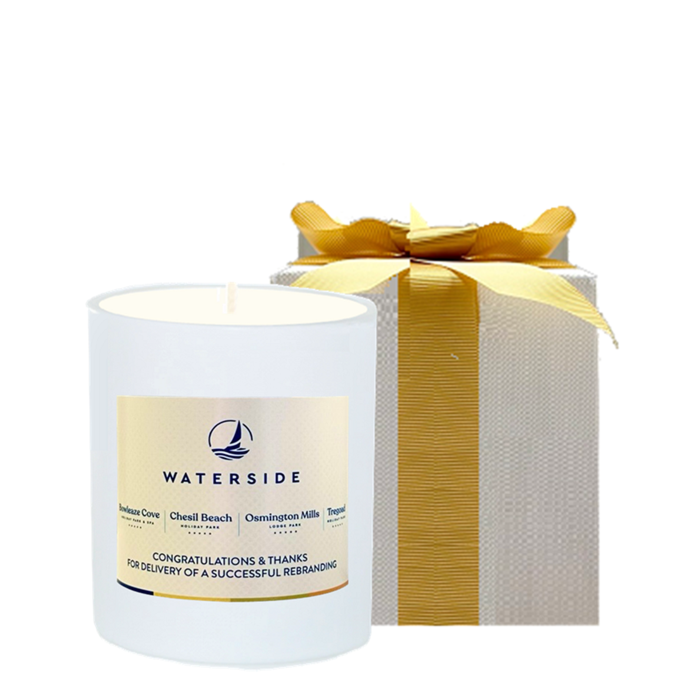 Corporate Branded White Scented Candle - Presented in Luxury White Gift Box Gold Bow - Choose Your Fragrance