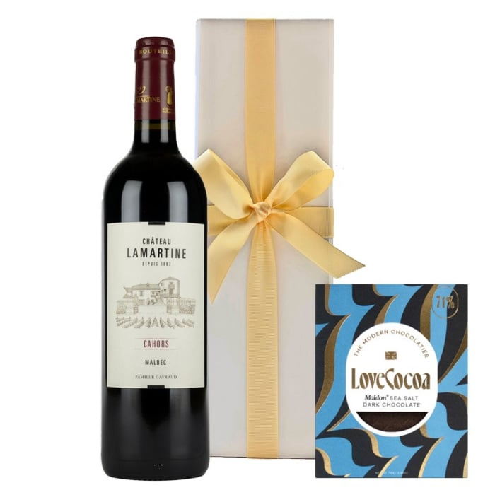 Personalised Chateau Lamartine, Cahors, Malbec in White Box - With Maldon Sea Salt Chocolate Bar