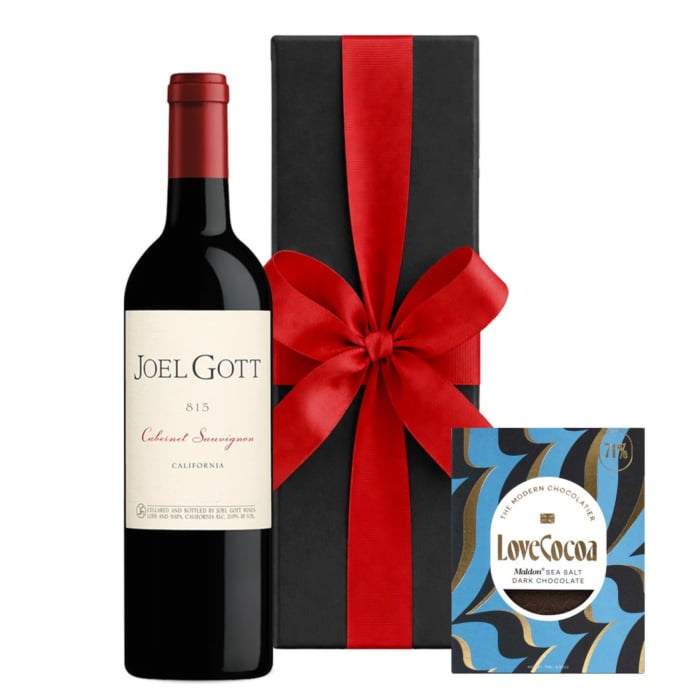 Personalised Joel Gott Cabernet Sauvignon in Black Gift Box With Maldon Sea Salt Chocolate Bar