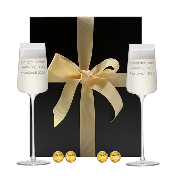 2 x Personalised LSA Metropolitan Champagne Flutes - With Swiss Truffles In Black Gift Box