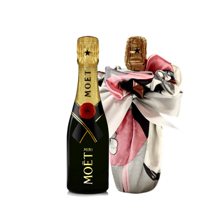 Mini Moet Champagne 20cl - Wrapped With Beautiful Silky Furoshiki Neck Scarf - A Unique Gift With An Exclusive Touch
