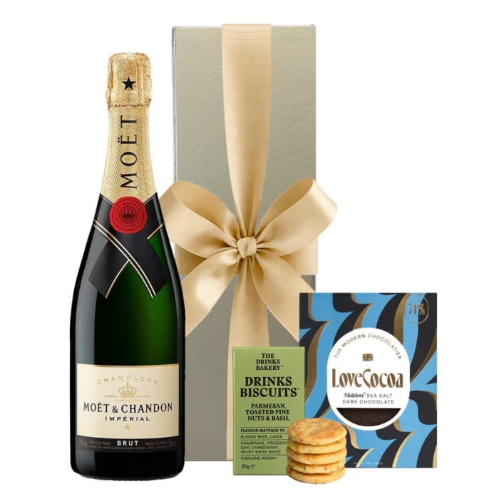 Moet Champagne Gift With Savoury Drinks Biscuits and Maldon Sea Salt Chocolate - In Gold Gift Box