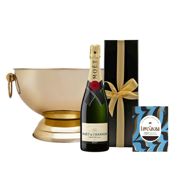 Moet Brut Imperial Champagne in White Box - With Maldon Sea Salt Dark Chocolate Bar - With "Kensington" Champagne Cooler