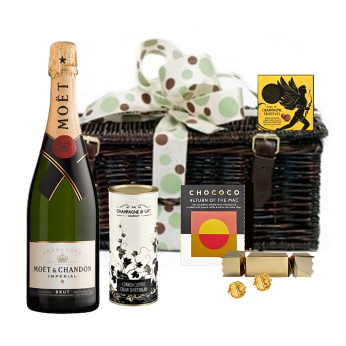 Moet & Chocolate Hamper - Presented in Wicker Hamper With Large Hand tied Bow