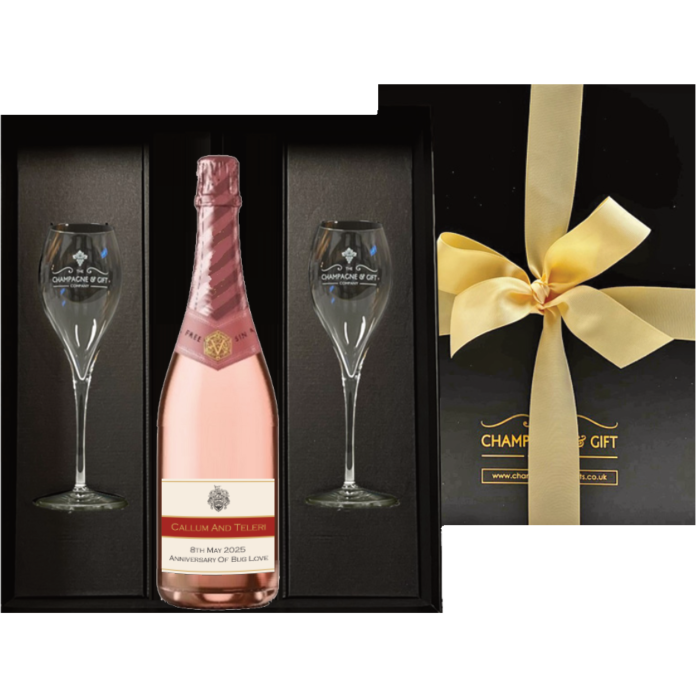 Personalised Non Alcoholic Rosé Cava & Flutes Gift Box