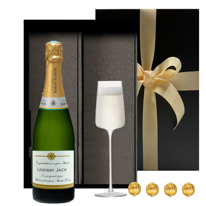 Personalised Champagne & LSA Crystal Flute - With Luxury Swiss Truffles in Stylish Black Box