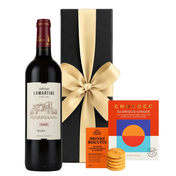 Personalised Chateau Lamartine, Malbec with Savoury Drinks Biscuits and Ginger Studded Chocolate - in Black Gift Box